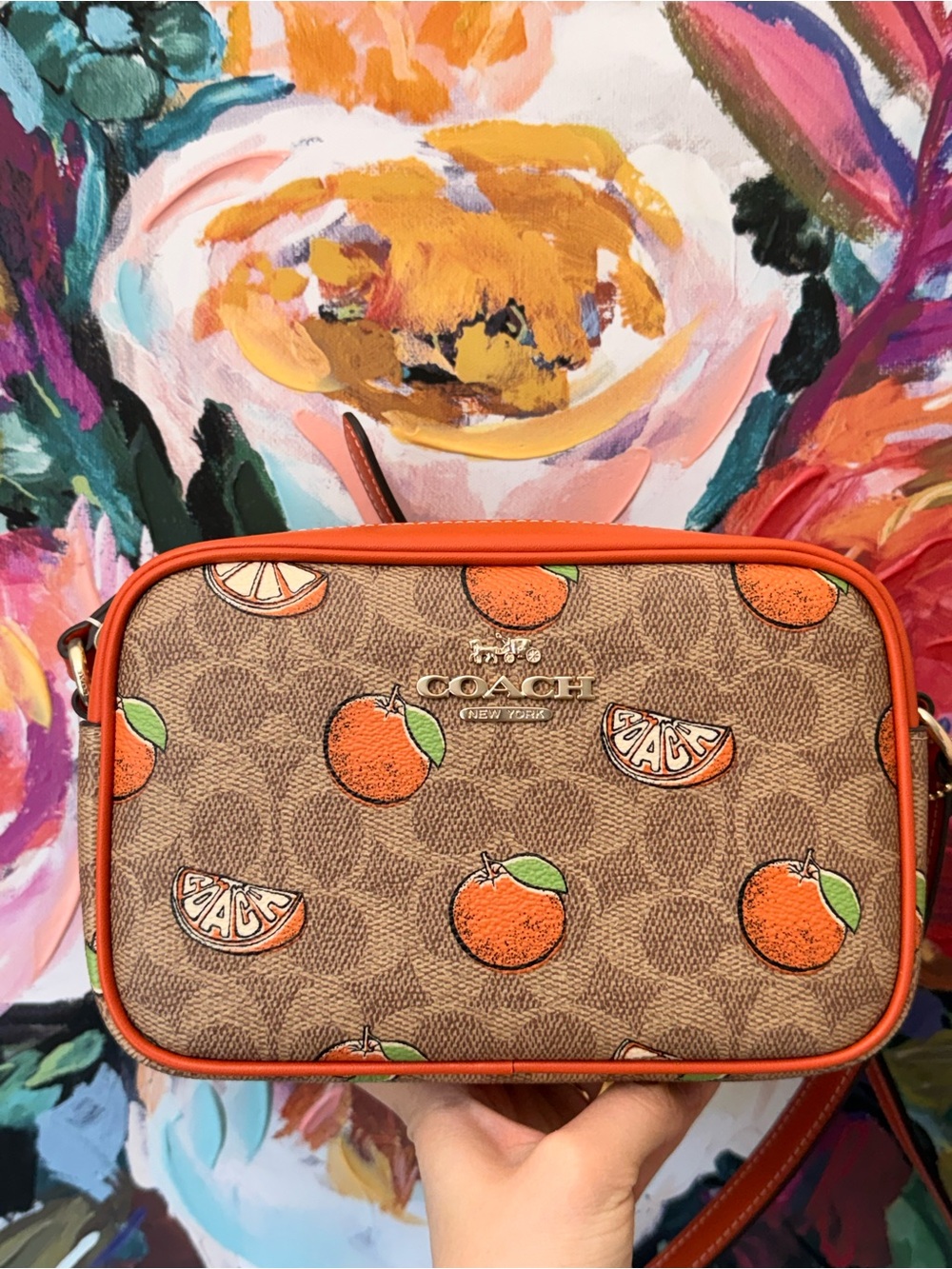 Coach Mini Jamie Camera Bag In Signature Canvas With Orange Print NWT  Authentic